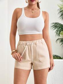 SHEIN Einfarbige, elastische Taille mit Kordelzug, Denim-Shorts - Braun - Übersicht 3