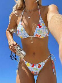 Swim Mod 2pcs/Set New Random Print Halter Sexy Elegant Vacation Bikini Set, Suitable For Beach, Pool Party - Multicolor - View 6