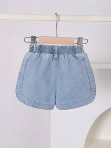 Baby GirlSummer/Spring Squishy Washed Casual Denim Shorts, Elastic Waist Faux Cuff Design, Versatile Daily Wear - Blue - View 2