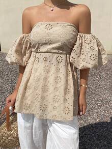 Livesso Women's Off-Shoulder Embroidered Pleated Fashionable Versatile Daily Wear Blouse - White - View 6