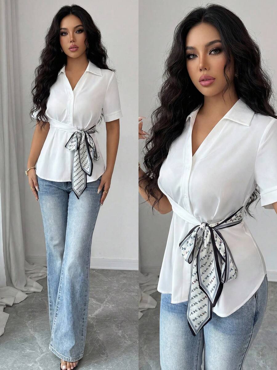 Modelyn Kemeja Lengan Pendek dengan Kerah Satin dan Tali Ikat Pinggang, Gaya Elegan, Musim Semi/Panas - Putih - View 1