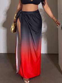 Slaydiva New Gradient Color Print Elegant Slit Maxi Skirt & Plus Size Cover-Up Set, Suitable For Beach Vacation, Plus Size - Multicolor - View 6