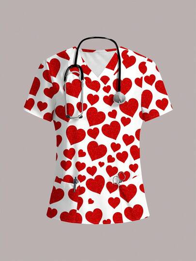 PopScrub Women's Full Print V-Neck Matte Top With 2 Pockets - Comfortable Work Uniform