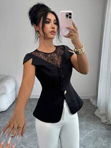 Elenzga 女士黑色露肩蕾丝水钻装饰圆领常规长度上衣 - 黑色 - 查看 4