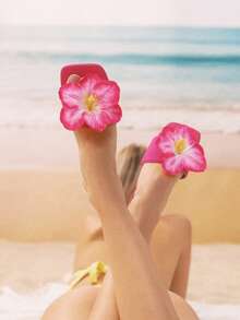 Swim Mod Sandalias planas con estampado floral y correa estilo francés para mujeres, nuevas zapatillas de verano para uso en exteriores, apropiadas para citas, compras, fiestas, playa, hogar y ocio - Rosa Fucsia - Ver 3