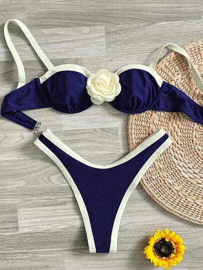 Swim Chiccia 2pcs Women's Beach Outfit, Black & White Patchwork Underwire Top With White Floral Thick Straps, Fashionable Triangle Bottoms, Sexy Bikini Swimwear Set