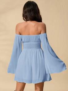 SHEIN PETITE Romantic Off Shoulder Flounce Sleeve Waist Dress - Blue - View 2