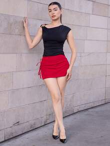 Andrea Bello 春夏蝴蝶结系带性感开衩A字女士迷你裙 - 紅色 - 查看 1