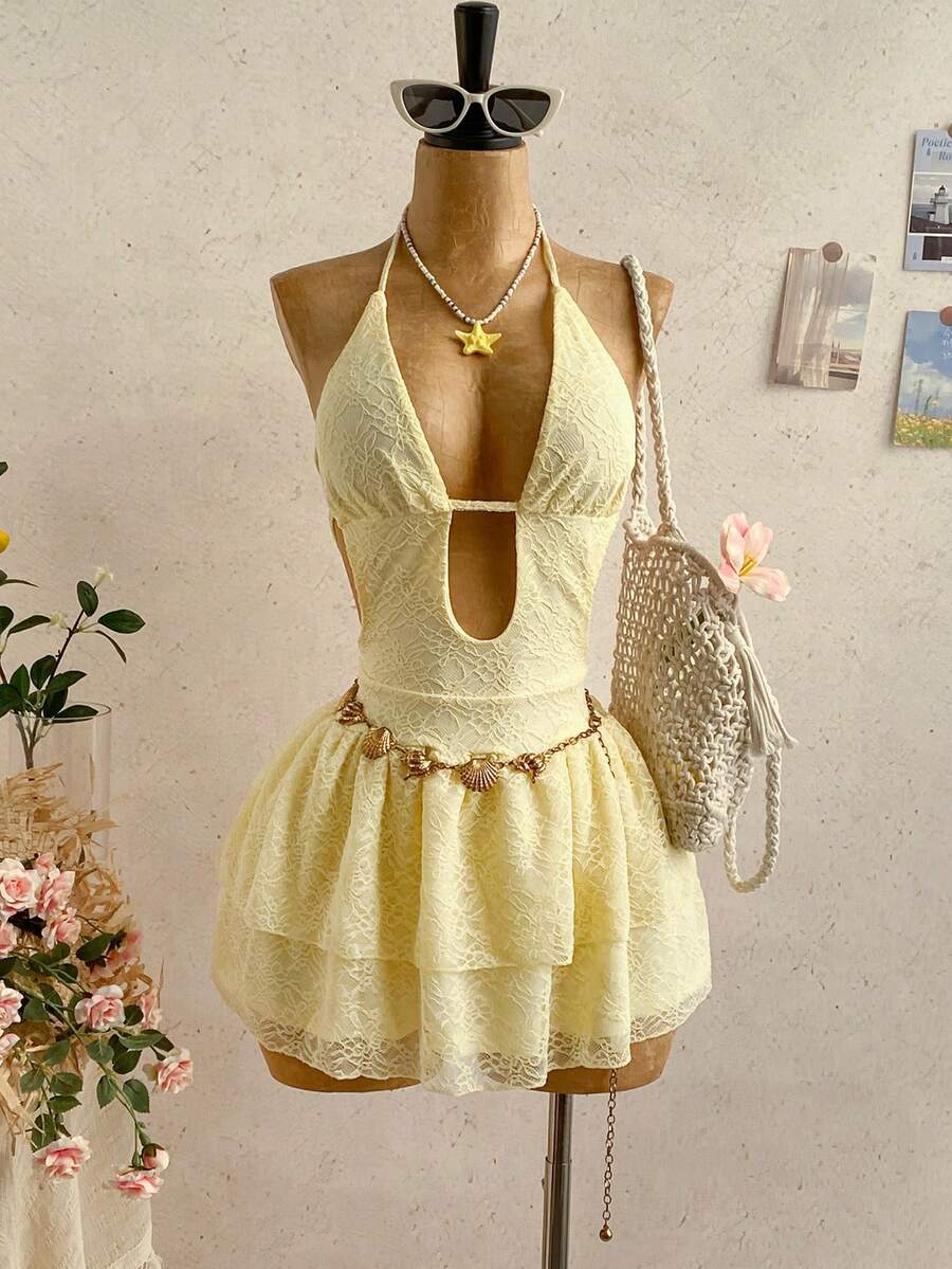 Soleia Women's Pale Yellow Retro Tie Dye Print Deep V Neck Backless Tie Waist Double Ruffle Hem Mini Dress,Summer,Casual,Vacation,Holiday,Party,,Beach - Yellow - View 1