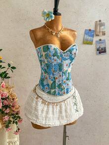 Soleia Áo hai dây cài nút định hình phía trước họa tiết hoa jacquard dành cho nữ - Màu xanh lam - Xem 4