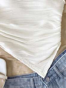 SHEIN 少女优雅纹理不对称下摆T恤，夏季 - 白色 - 查看 5