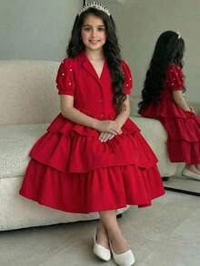 SHEIN 少女优雅翻领花瓣袖荷叶边下摆连衣裙 - 紅色 - 查看 3