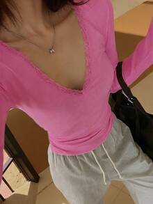 DAZY Áo thun nữ dài tay cổ chữ V màu trơn viền ren, dáng ôm, thích hợp cho mùa xuân, hè, ngày Valentine, đám cưới. - Hồng - Xem 4