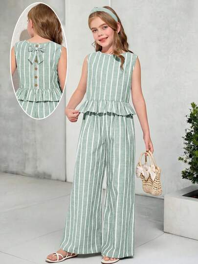 SHEIN Tween Girls' Casual Ruffle Trim Sleeveless T-Shirt Set