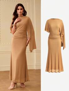 ZEYLAH Women's Elegant Solid Color Asymmetrical Batwing Sleeve Ruched Waist Fishtail Hem Dress - Khaki - View 9