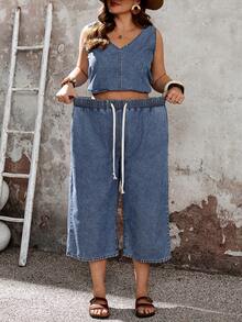 EMERY ROSE EMERY ROSE Ensemble 2 pièces top sans manches et jean large pour grandes tailles - Bleu azur - Voir 7
