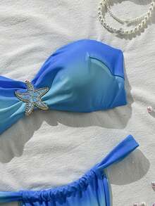 Swim Vcay Set de 2 piezas Bikini de estilo bandeau con estampado de estrellas de mar en degradado azul para mujeres, primavera/verano - Azul - Ver 4