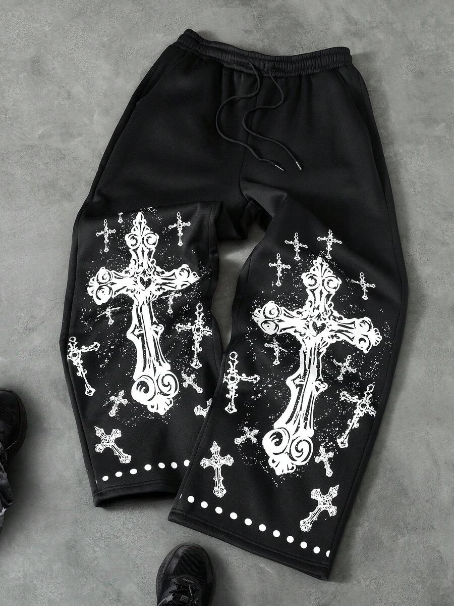 PAVTROS Men's Cross Print Drawstring Waist Wide Leg Casual Sweatpants Goth Bottoms Cross Pants Sweat Pants For Men Religious Clothing Goth Sweatpants - Black - View 1