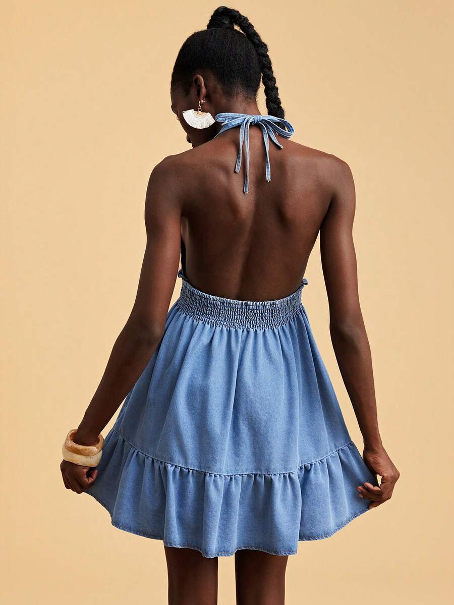 Travachic Women's Frill Trim Halter Neck Denim Midi Dress With Frill Trim - Medium Wash - View 1
