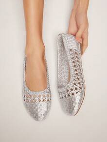 SHUZIA Ladies Elegant Woven PU Ballet Flats - Silver - View 6