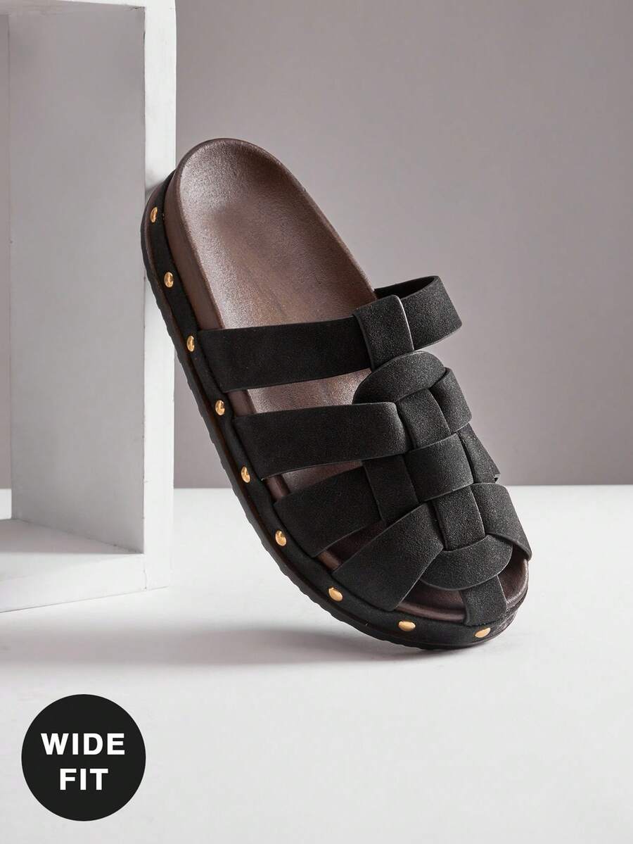 SHUZIA Zuecos de estilo romano vintage de ajuste ancho y tejidos para mujer - Negro - Ver 1