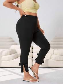 Solflare Plus Size Women's Solid Color Bow Decor Capri Pants, Spring/Summer - Black - View 6