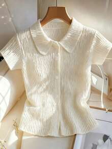 Franclia 女士优雅针织纹理条纹领衬衫，百搭日常穿着 - 杏色 - 查看 3