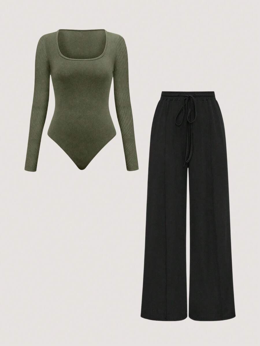 Olithes 2pcs Solid Color Asymmetric Hem Top And Pants Set - Multicolor - View 1