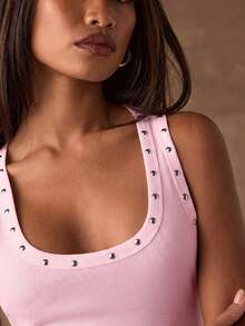 SHEIN BAE Women's Solid Color Rivet Design Ribbed Casual Tank Top,Summer Top - Baby Pink - View 6