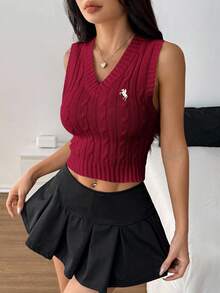SHEIN PETITE 女款休閒針織背心，酒紅色，秋季，優雅大方，校園風，返校季大學風，聖誕節感恩節新年上衣，適合嬌小女性 - 酒紅色 - 查看 6
