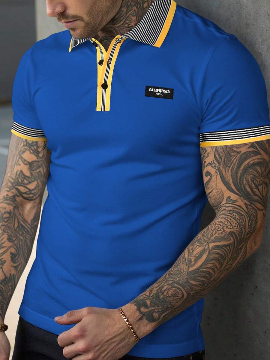 Manfinity Homme 男士對比色 Polo 衫,皇家藍與黃色水藍色夏季休閒度假上衣,老錢風,適合辦公室與海灘 - 藍色 - 查看 1