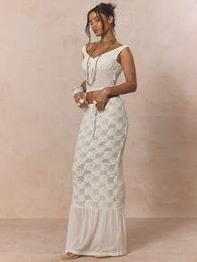 MUSERA Tie Front Off The Shoulder Lace Detail Mesh Waist Panel Top With Tie Front Low Waist Lace Floral Mesh Hem Maxi Skirt Cute Spring Holiday Girly Sugar Salt - White - View 3