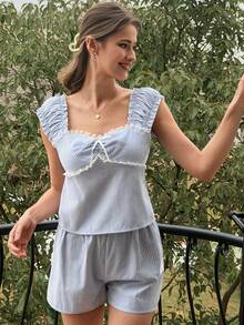 Livesso Sweet Striped Bow Decor Women's Pajama Set, Suitable For Summer Vacation - Blue - View 7