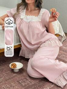 DAZY 女士甜美荷叶边刺绣花卉拼接花瓣袖睡衣套装，夏季 - 粉色 - 查看 1