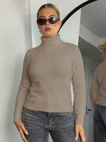 Bethéva 高领保暖内衬修身保暖毛衣，秋冬季加厚保暖打底衫，针织套头衫 - 棕色 - 查看 4