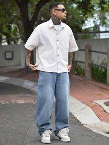 Devon Thys 1pc Justice Brother Loose Fit Washed Denim Casual Wide Leg Jeans Pants, Korean Style - Light Wash - View 1