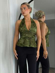 Bethéva Women's Floral Print Halter Deep V-Neck Cinched Waist A-Line Backless Camisole - Army Green - View 6
