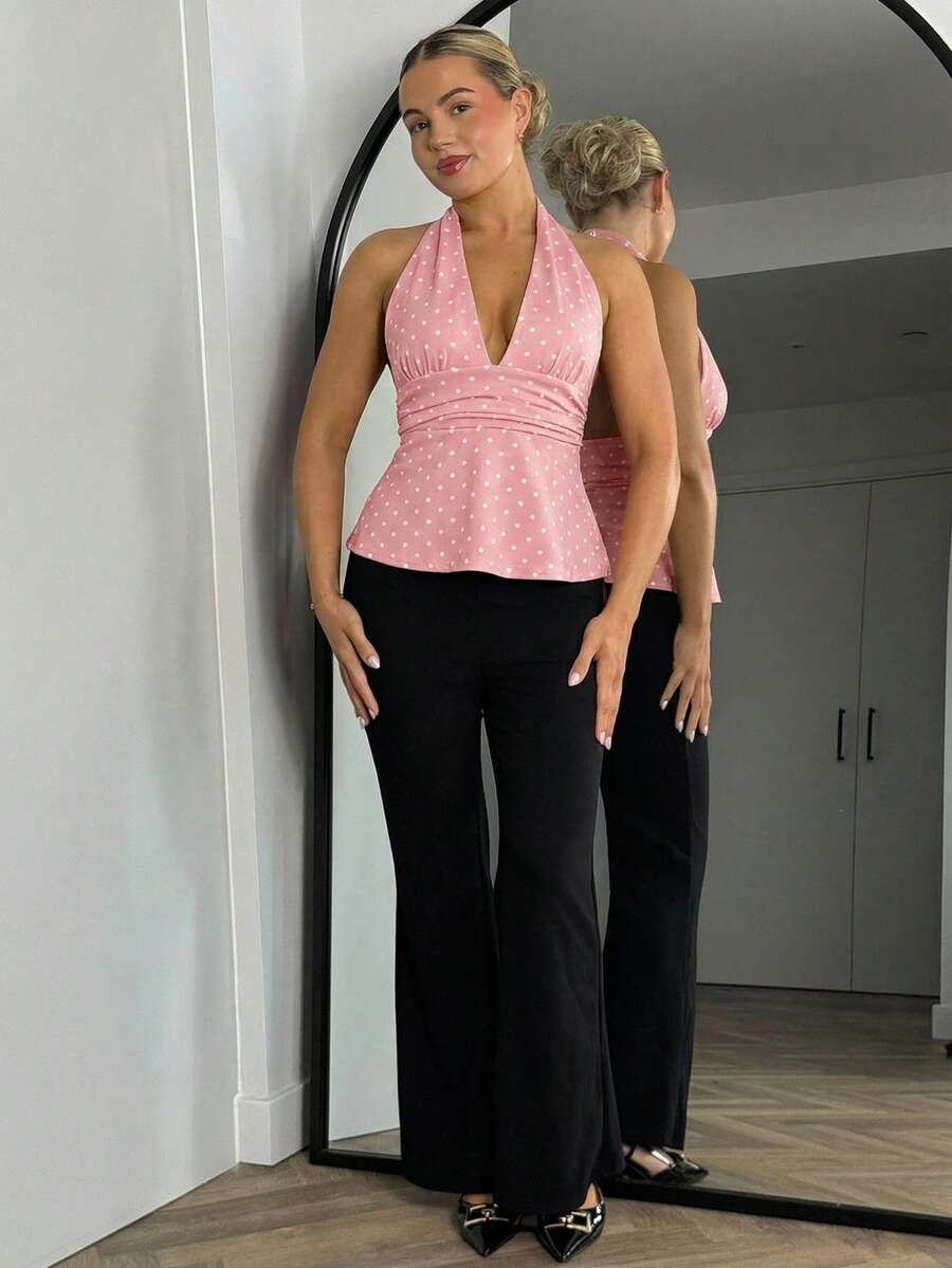 Bethéva Women's Halter Deep V-Neck Ruched A-Line Polka Dot Backless Camisole - Pink - View 1