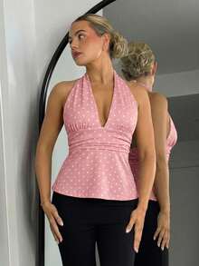Bethéva Women's Halter Deep V-Neck Ruched A-Line Polka Dot Backless Camisole - Pink - View 6