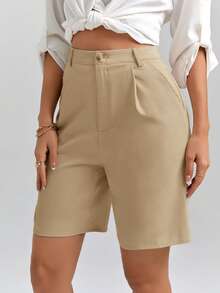 SHEIN Clasi 女士纯色高腰褶裥口袋休闲短裤 - 卡其色 - 查看 5