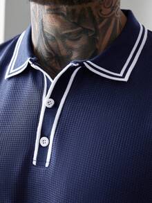 Manfinity Homme 撞色插肩短袖半开襟休闲夏季衬衫 - 藏蓝色 - 查看 6