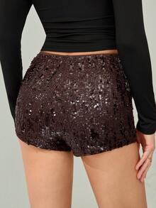 SHEIN Tall Women's Brown Sequin Shorts,Seductive Shiny Sparkly Burgundy Shorts,Summer Night Club Wear For Night Out,Christmas,New Year Party & Concert, Tall Women - Brown - View 3