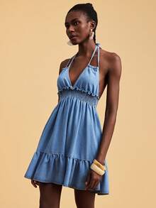 Travachic Đầm midi denim cổ yếm viền bèo nhún dành cho nữ - Rửa trung bình - Xem 8