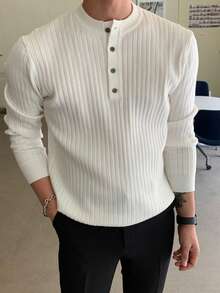 SHEIN X Scheana DAZY Suéter de punto acanalado con botones a media altura para hombre, otoño - Blanco - Ver 3