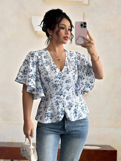 Roveilla חולצה עם שרוולים קצרים עם צווארון V פרחוני ואלגנטי לנשים, מתאימה לפורמלי, קז'ואל, עבודה, נסיעות, בסגנון קאנטרי, פסטיבל מוזיקה