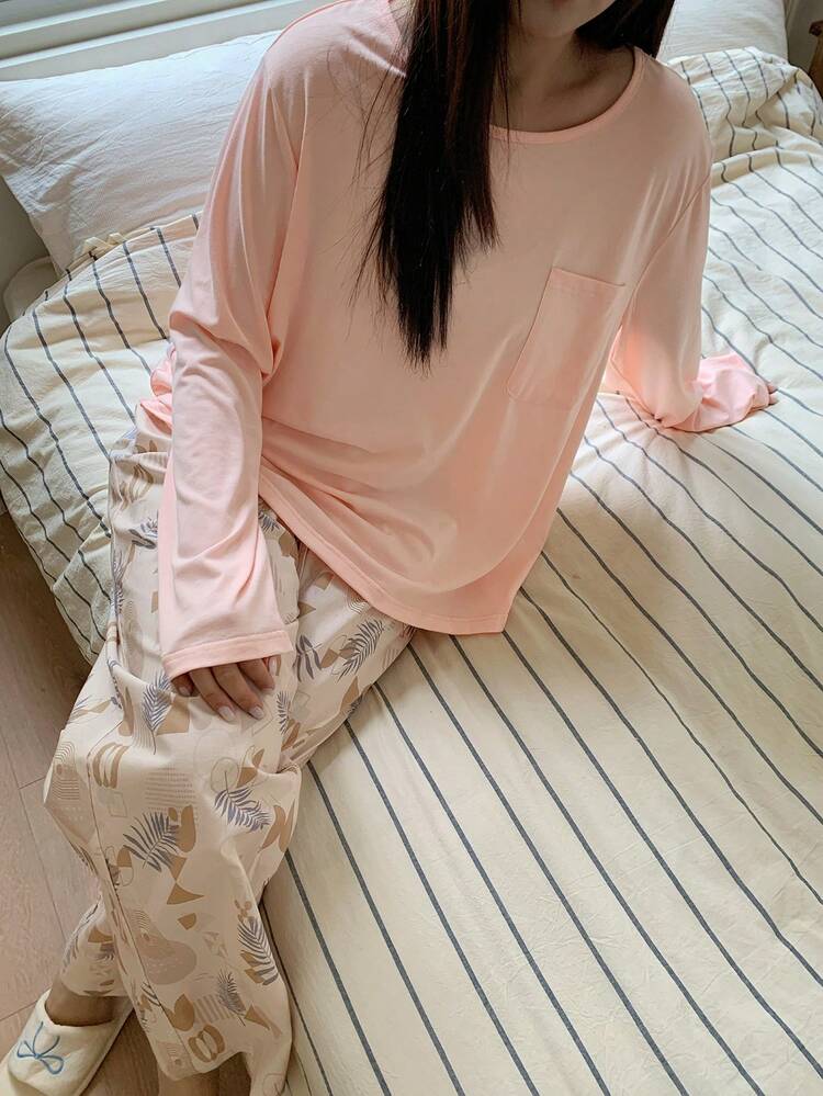 Dazy Plus Plus Size Women Floral Print Pocket Long Sleeve Top And Pants Pajama Set, Casual Home Wear For Spring And Autumn