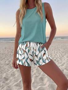 Sylviya Bộ đồ nữ 2 mảnh phong cách tối giản, thanh lịch, cổ điển, họa tiết hoa xanh dương và xanh lá cây, gồm áo không tay và quần short, thích hợp cho kỳ nghỉ xuân/hè. - Nhiều màu - Xem 4