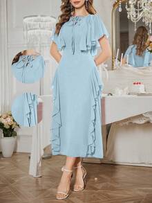 Modelyn Vestido con mangas con volantes y cintura con lazo, diseño francés para mujer - Celeste - Ver 1