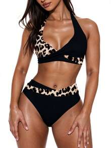 Swim Basics 2pcs Leopard Print Patchwork Sexy Bikini Set, Beach Vacation - Multicolor - View 4
