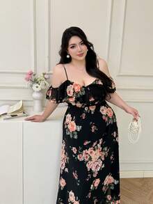 Vibekara Đầm hai dây kiểu Pháp thanh lịch bằng vải chiffon in hoa, viền bèo nhún đôi, trễ vai, không tay, eo thon, trang phục đi nghỉ mát mùa xuân/hè. - Nhiều màu - Xem 3